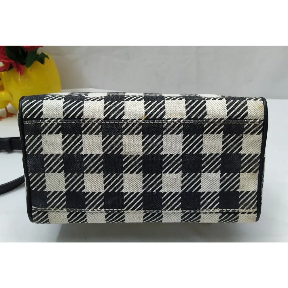 Dooney & Bourke Black White Checker Canvas Leather Trim Top Handle Satchel Bag